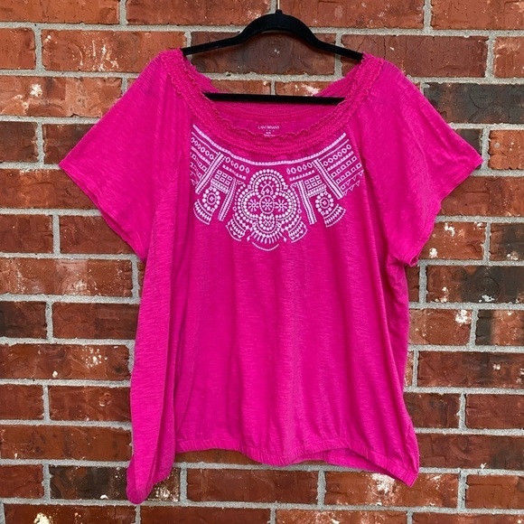 Lane Bryant Womens 26/28 Pink Embroidered Off Shoulder Short Sleeve Peasant Top - Picture 1 of 8